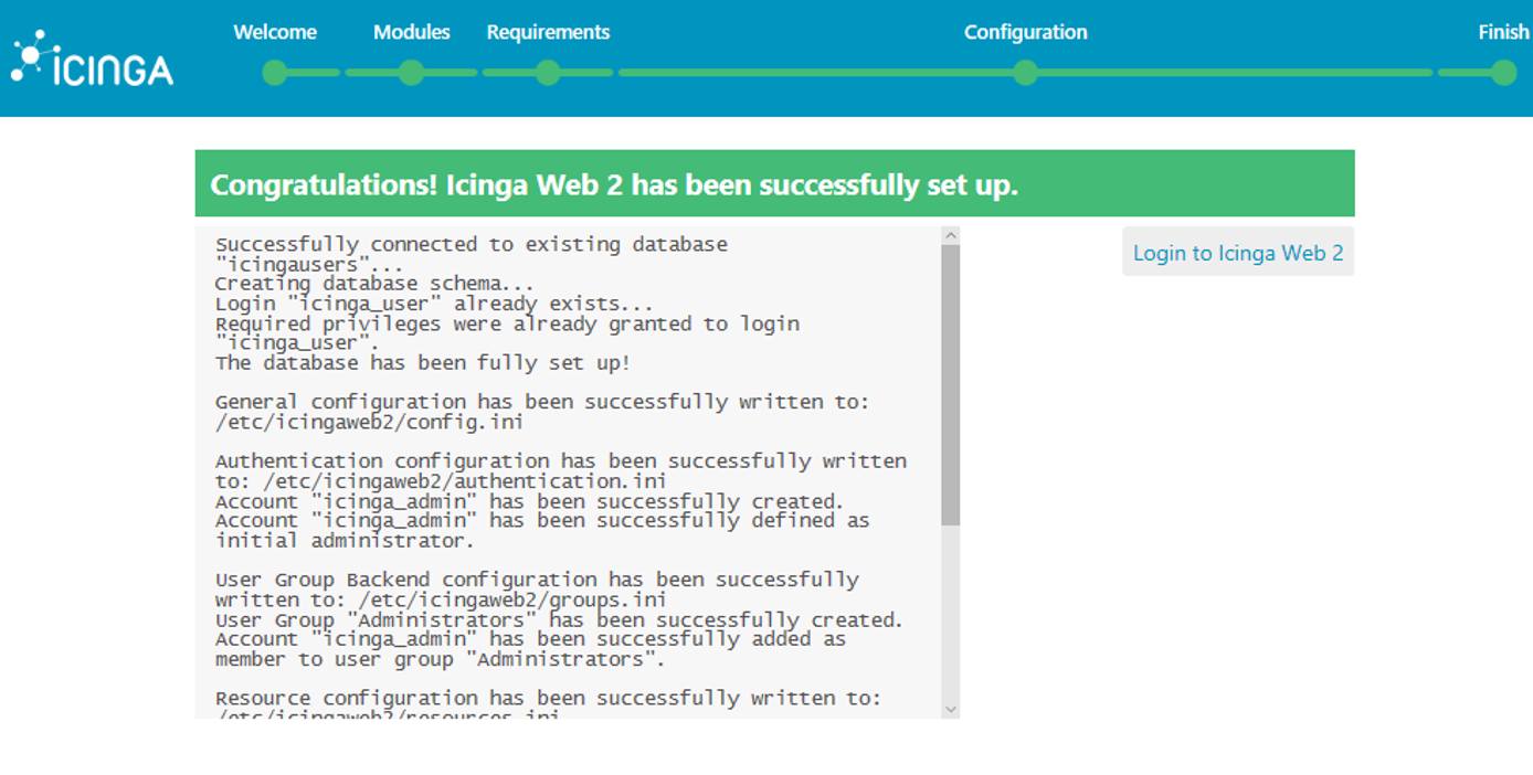 Icinga Successfully Set up - 'Login to Icinga Web 2' button Icinga Successfully Set up - Login to Icinga Web 2 button