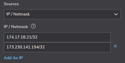 Cloud Manager UI for entering source IP addresses. Cloud Manager UI for entering source IP addresses.