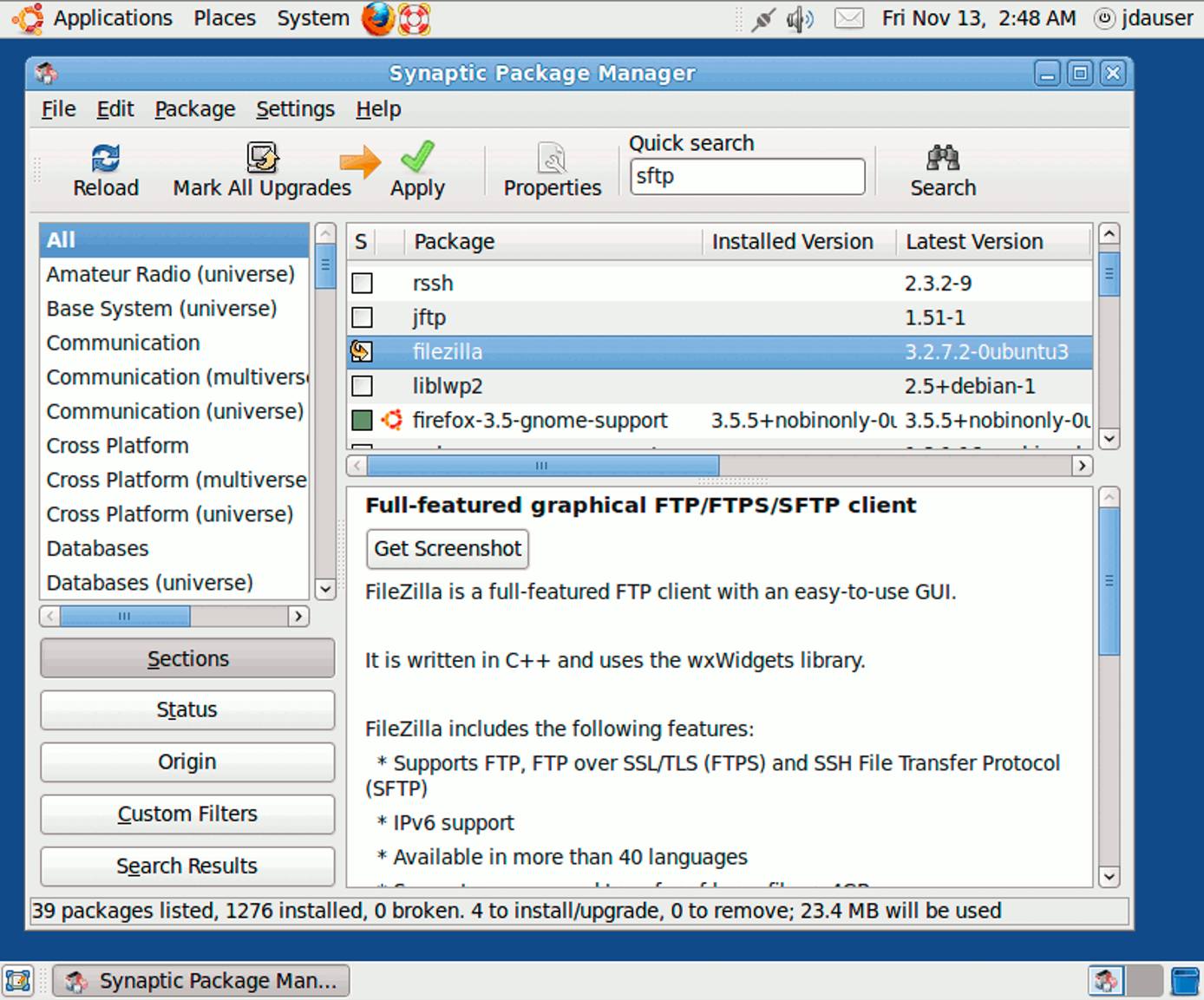 Finding a package in Synaptic on Ubuntu 9.10 desktop edition. Finding a package in Synaptic on Ubuntu 9.10 desktop edition.