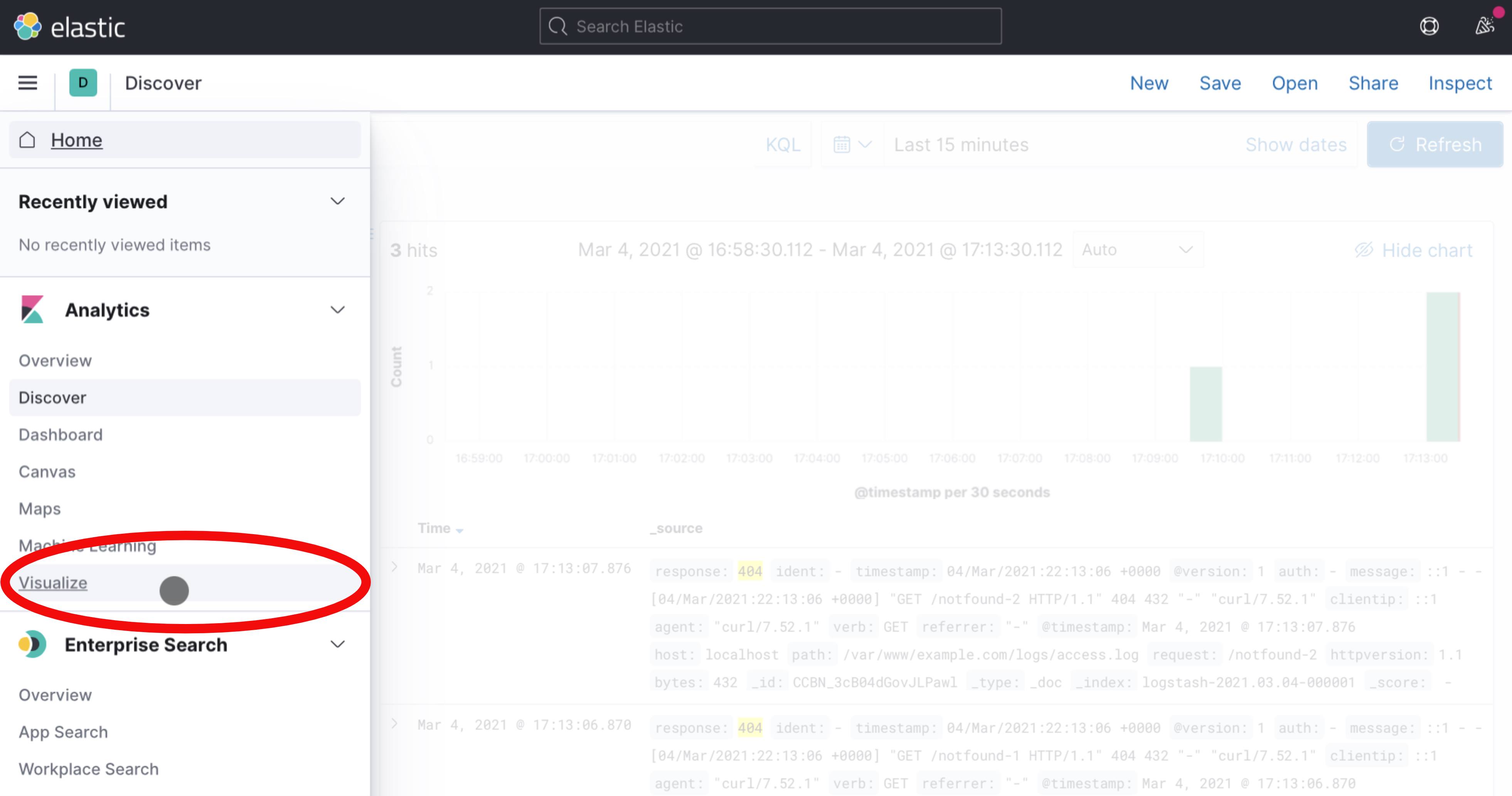 Kibana 7 Search Results Page Sidebar Navigation with Visualize Item Highlighted Kibana 7 Search Results Page Sidebar Navigation with Visualize Item Highlighted