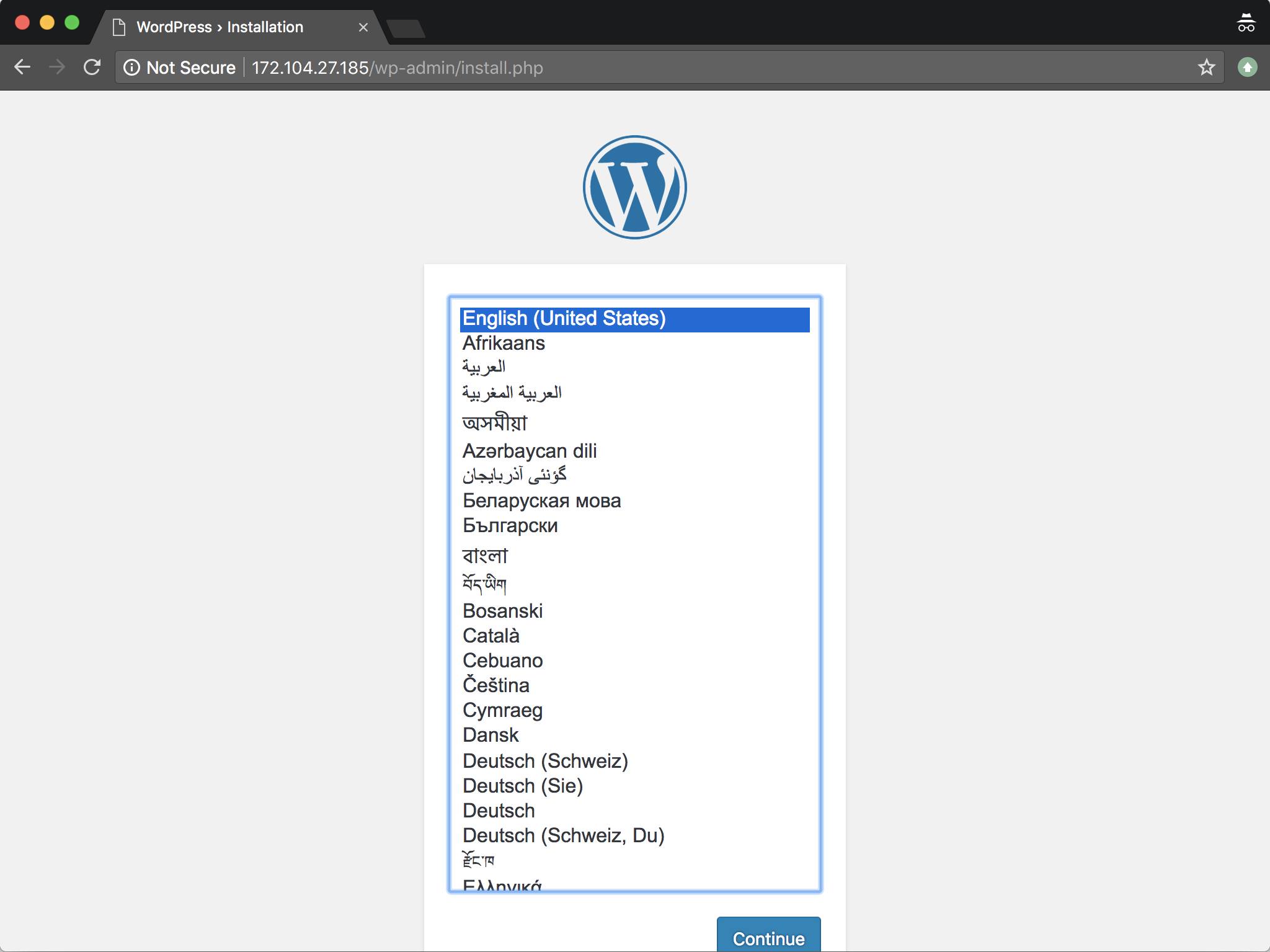 WordPress setup screen in the web browser WordPress setup screen in the web browser