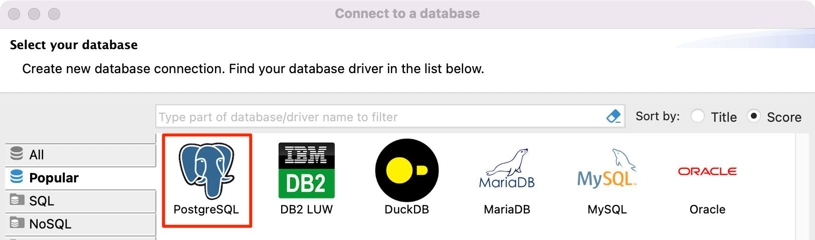 Screenshot of the DBeaver database selection screen with MySQL highlighted Screenshot of the DBeaver database selection screen with MySQL highlighted