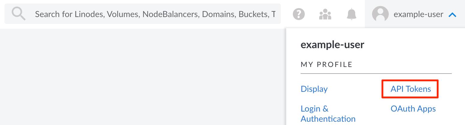 Screenshot of the user dropdown menu with the API Tokens link selected Screenshot of the user dropdown menu with the API Tokens link selected