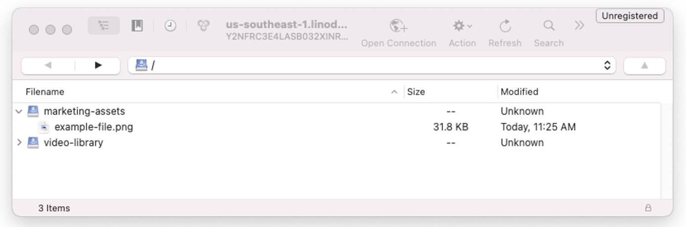 Main Cyberduck view of buckets Main Cyberduck view of buckets
